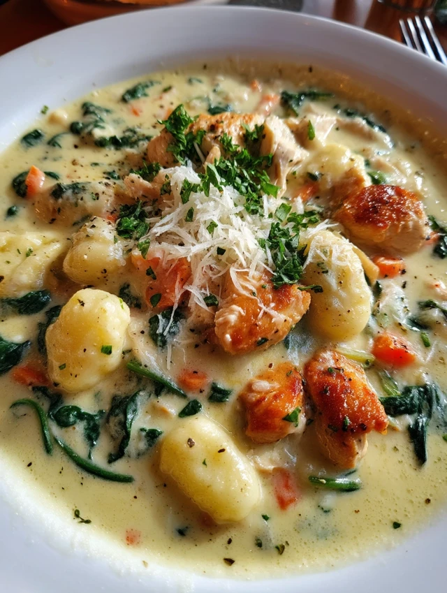 A hearty Chicken Gnocchi Soup with tender chicken, fluffy gnocchi, and vegetables, served in a bowl with a creamy broth, perfect for cozy meals.