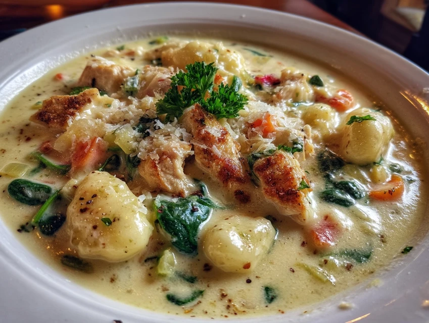 Chicken Gnocchi Soup recipe in a white bowl with fresh herbs