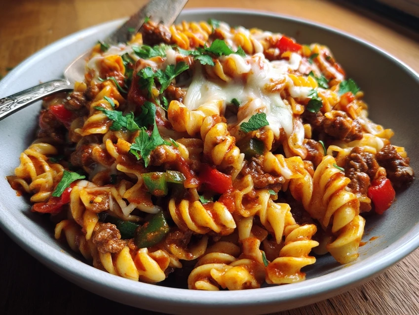 one pot beef taco pasta with cheese and toppings