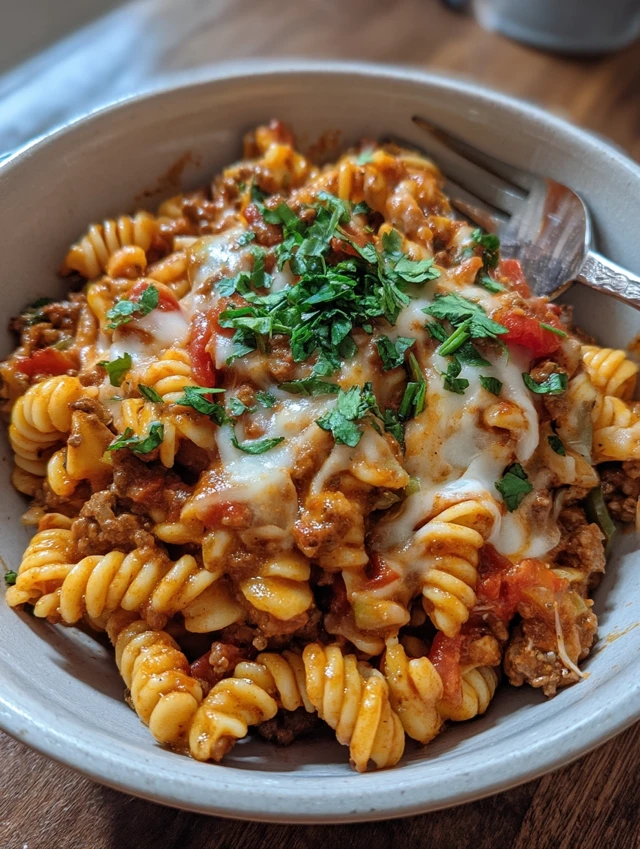 A cheesy One Pot Beef Taco Pasta served in a skillet, featuring tender pasta, seasoned ground beef, taco flavors, and a gooey layer of melted cheese.