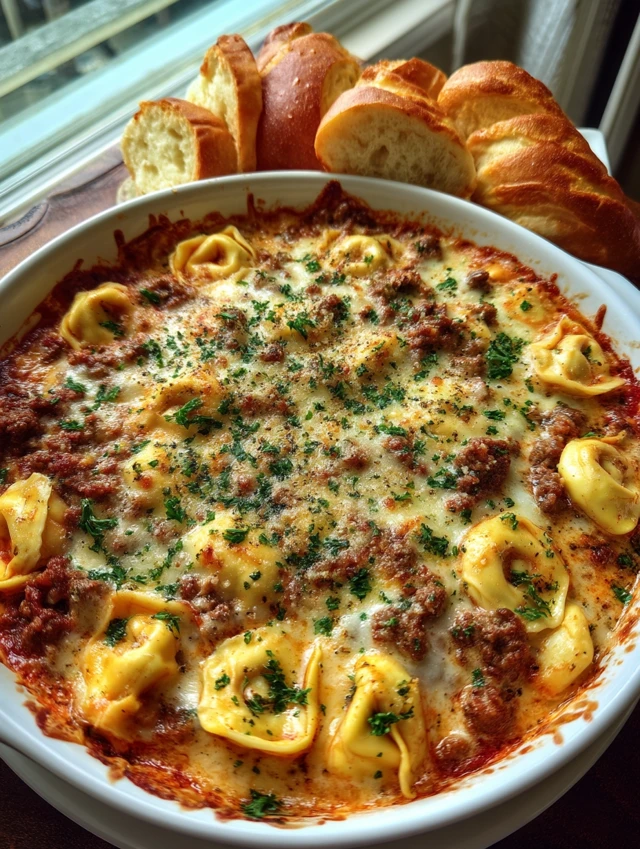 Tasty recipe for Garlic Parmesan Beef Tortellini Bake