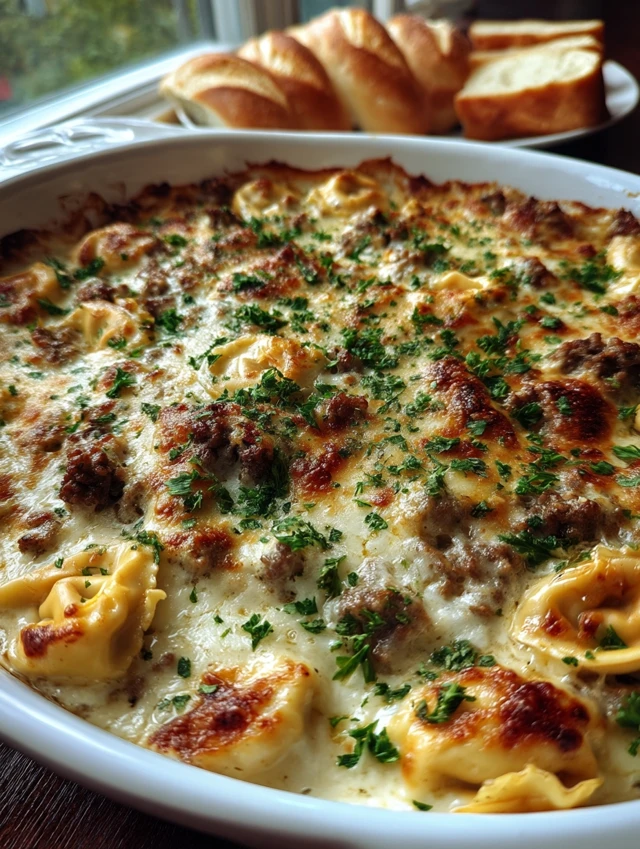 Tasty recipe for Garlic Parmesan Beef Tortellini Bake