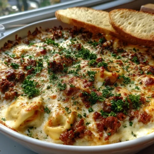 Garlic Parmesan Beef Tortellini Bake with golden cheese topping