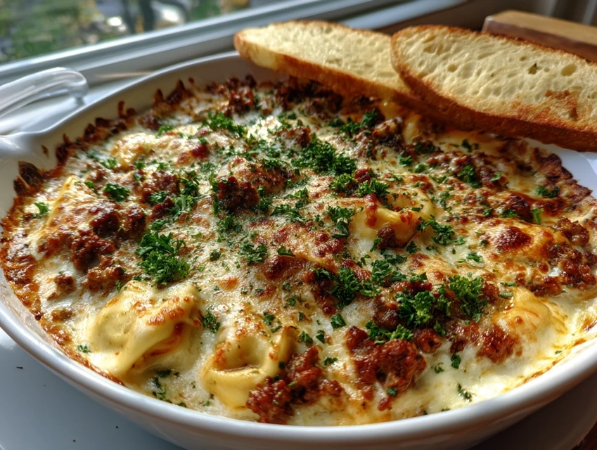 Garlic Parmesan Beef Tortellini Bake with golden cheese topping