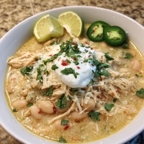 Creamy, hearty White Chicken Chili served fresh with toppings