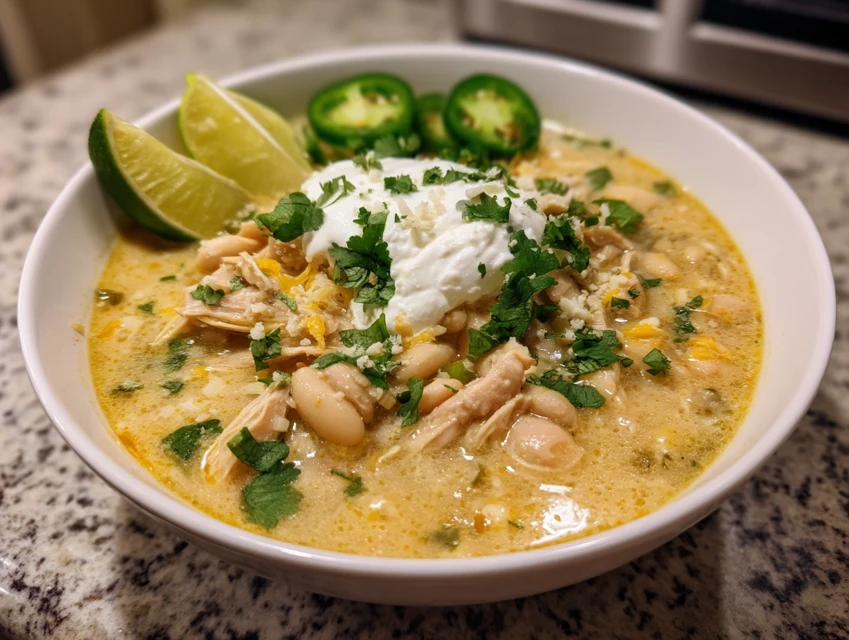 Creamy White Chicken Chili with toppings in a rustic bowl