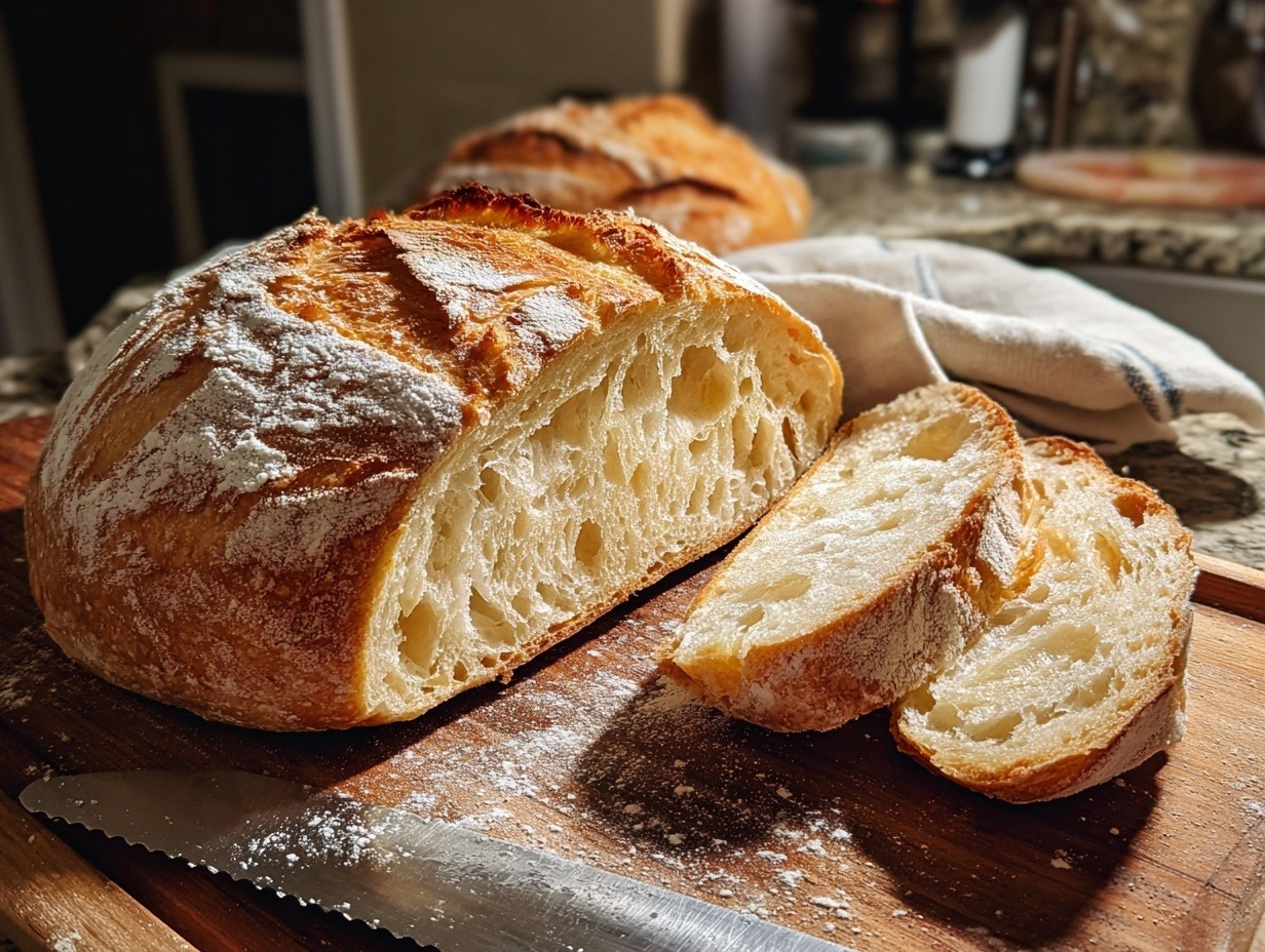 Golden crusty 4-ingredient no-knead artisan bread showing perfect open crumb structure with scoring marks and rustic home-baked appearance
