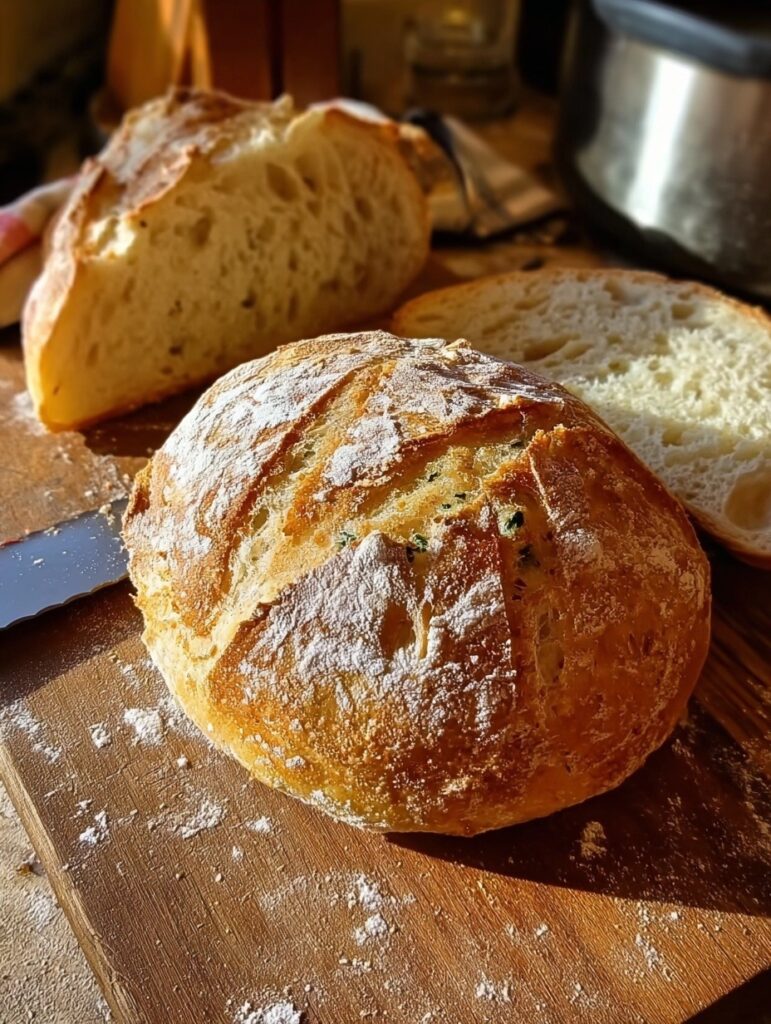 Golden crusty 4-ingredient artisan bread showing perfect open crumb structure with scoring marks and rustic home-baked appearance