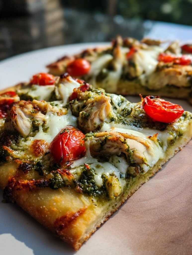 Chicken pesto flatbread topped with melted mozzarella, tender chicken chunks, and swirls of basil pesto, garnished with fresh basil leaves and cherry tomatoes, served on a white plate in a home kitchen setting.