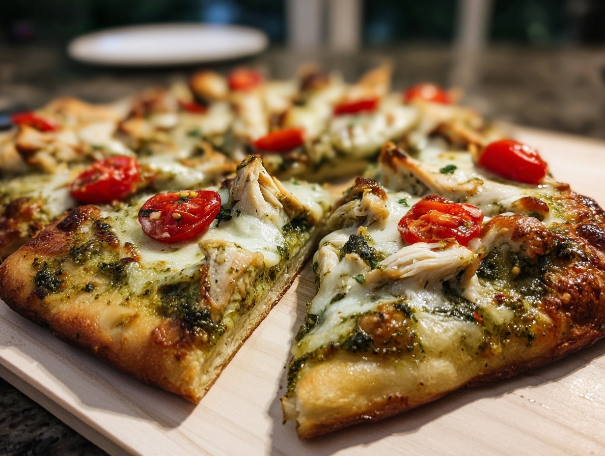 Chicken pesto flatbread topped with melted mozzarella, tender chicken chunks, and swirls of basil pesto, garnished with fresh basil leaves and cherry tomatoes, served on a white plate in a home kitchen setting.