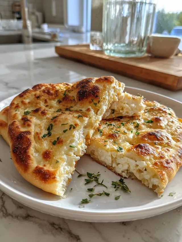Golden brown cottage cheese flatbread cut into rectangles on a marble cutting board with fresh herbs and ingredients in the background