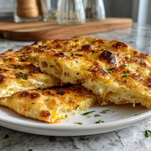 Golden brown cottage cheese flatbread cut into rectangles on a marble cutting board with fresh herbs and ingredients in the background