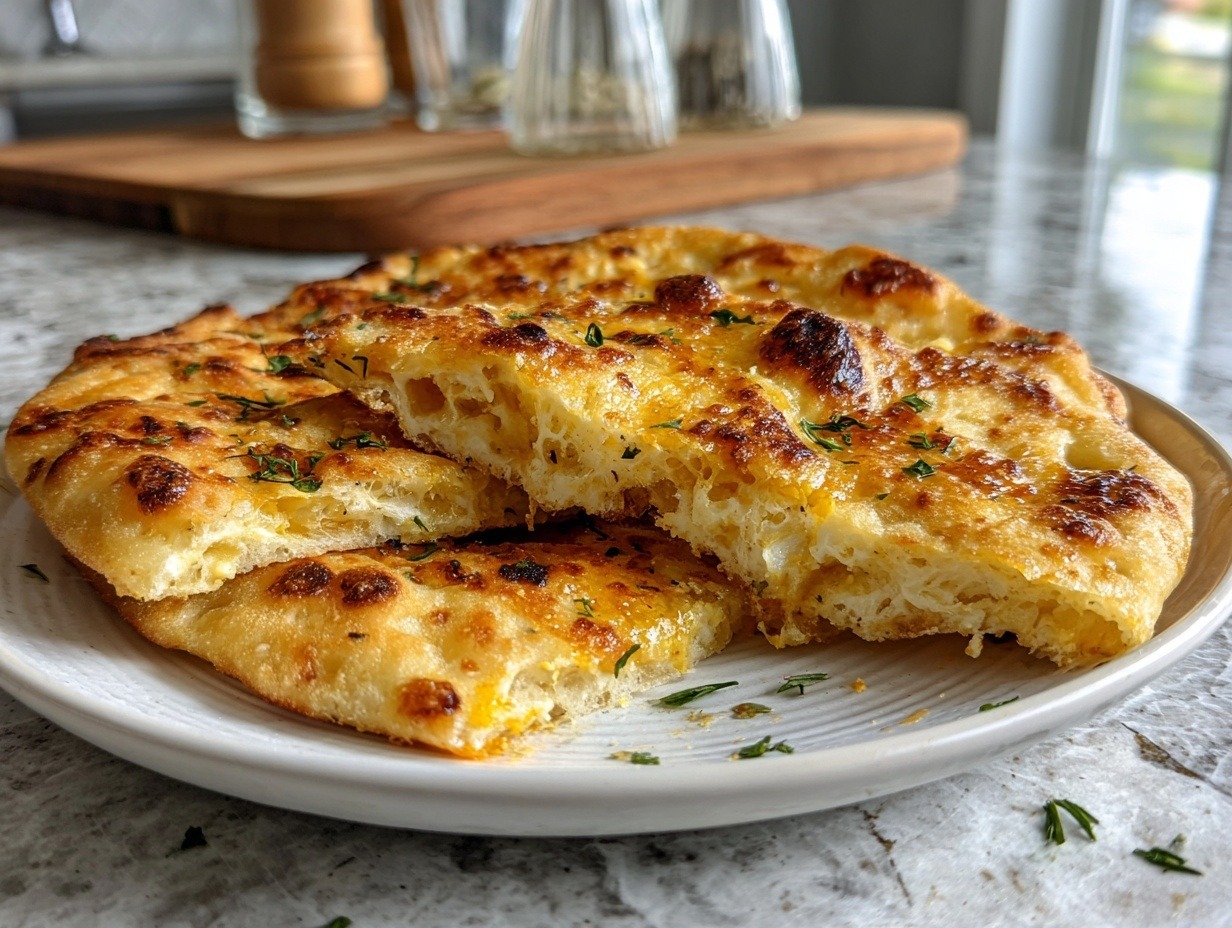 Golden brown cottage cheese flatbread cut into rectangles on a marble cutting board with fresh herbs and ingredients in the background