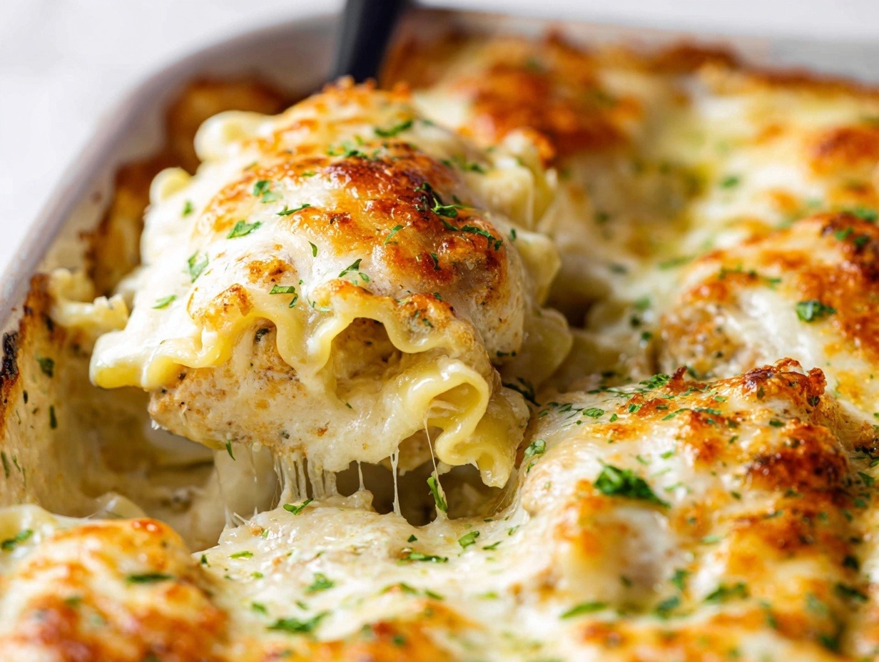 Cheesy chicken Alfredo lasagna rolls with melted mozzarella and Alfredo sauce bubbling in baking dish, lightly browned on edges and topped with fresh parsley.