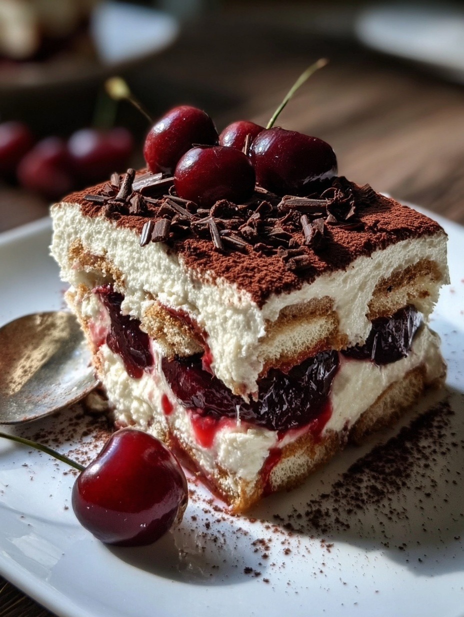 Slice of cherry amaretto tiramisu showing layers of mascarpone cream with fresh cherries between ladyfinger cookies, dusted with cocoa powder