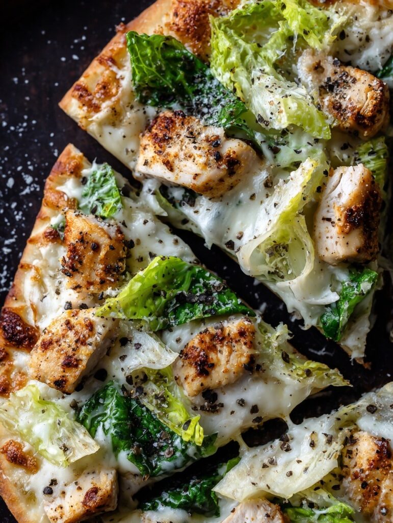 Golden chicken Caesar flatbread topped with grilled chicken, fresh romaine lettuce, Parmesan cheese and croutons on wooden cutting board