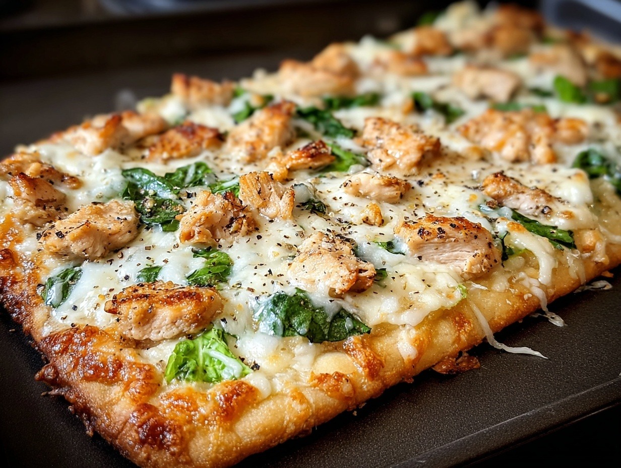 Golden chicken Caesar flatbread topped with grilled chicken, fresh romaine lettuce, Parmesan cheese and croutons on wooden cutting board