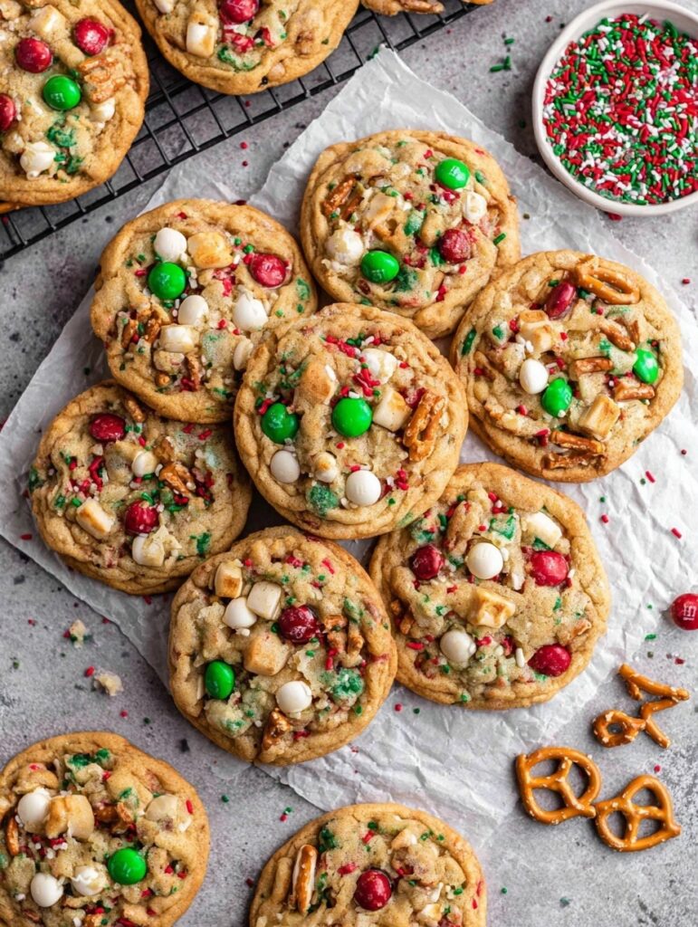 Golden Christmas kitchen sink cookies loaded with M&Ms, white chocolate chips, pretzels, and sprinkles