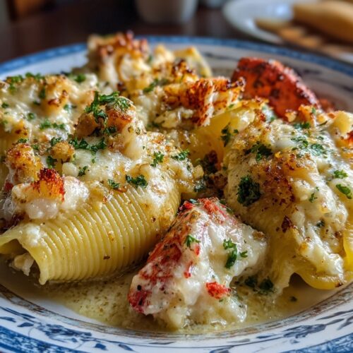 Creamy seafood stuffed shells with lobster, crab, and shrimp in golden bubbly cheese sauce garnished with fresh parsley.