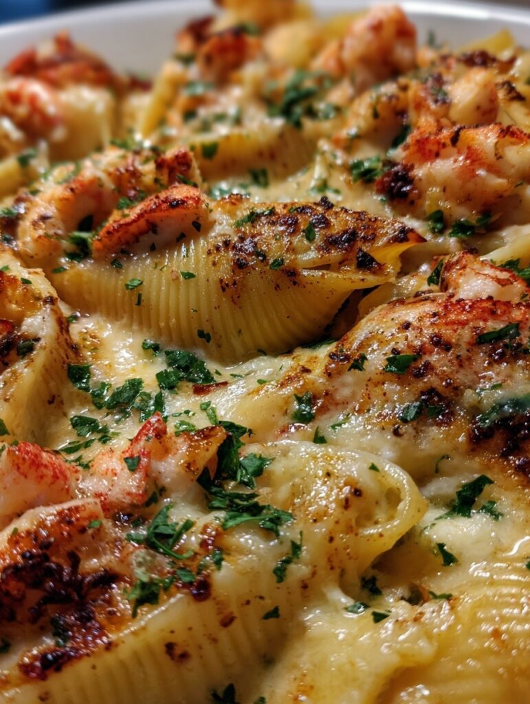 Creamy seafood stuffed shells with lobster, crab, and shrimp in golden bubbly cheese sauce garnished with fresh parsley.