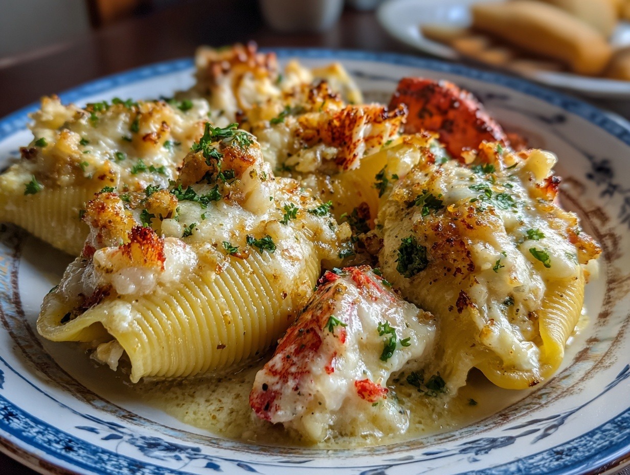Creamy seafood stuffed shells with lobster, crab, and shrimp in golden bubbly cheese sauce garnished with fresh parsley.