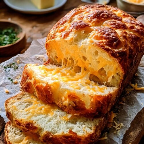 Golden homemade cheddar cheese bread sliced on wooden cutting board showing soft fluffy interior with melted cheese pockets - easy recipe
