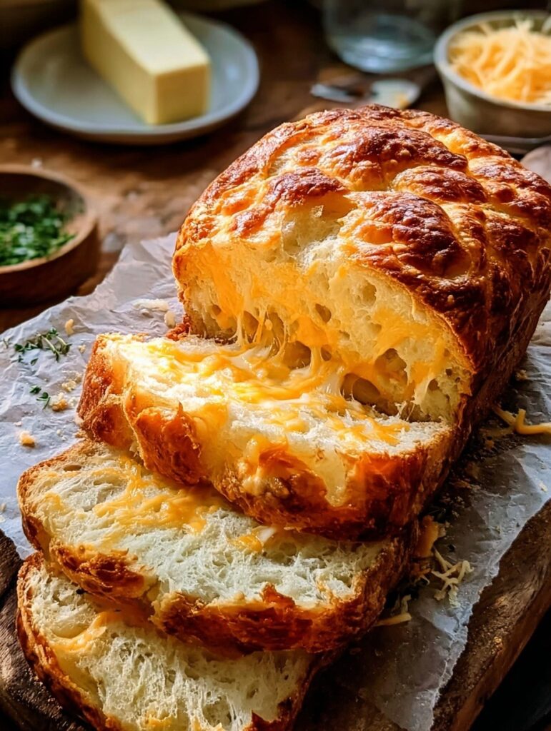 Golden homemade cheddar cheese bread sliced on wooden cutting board showing soft fluffy interior with melted cheese pockets - easy recipe