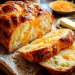 Golden homemade cheddar cheese bread sliced on wooden cutting board showing soft fluffy interior with melted cheese pockets - easy recipe