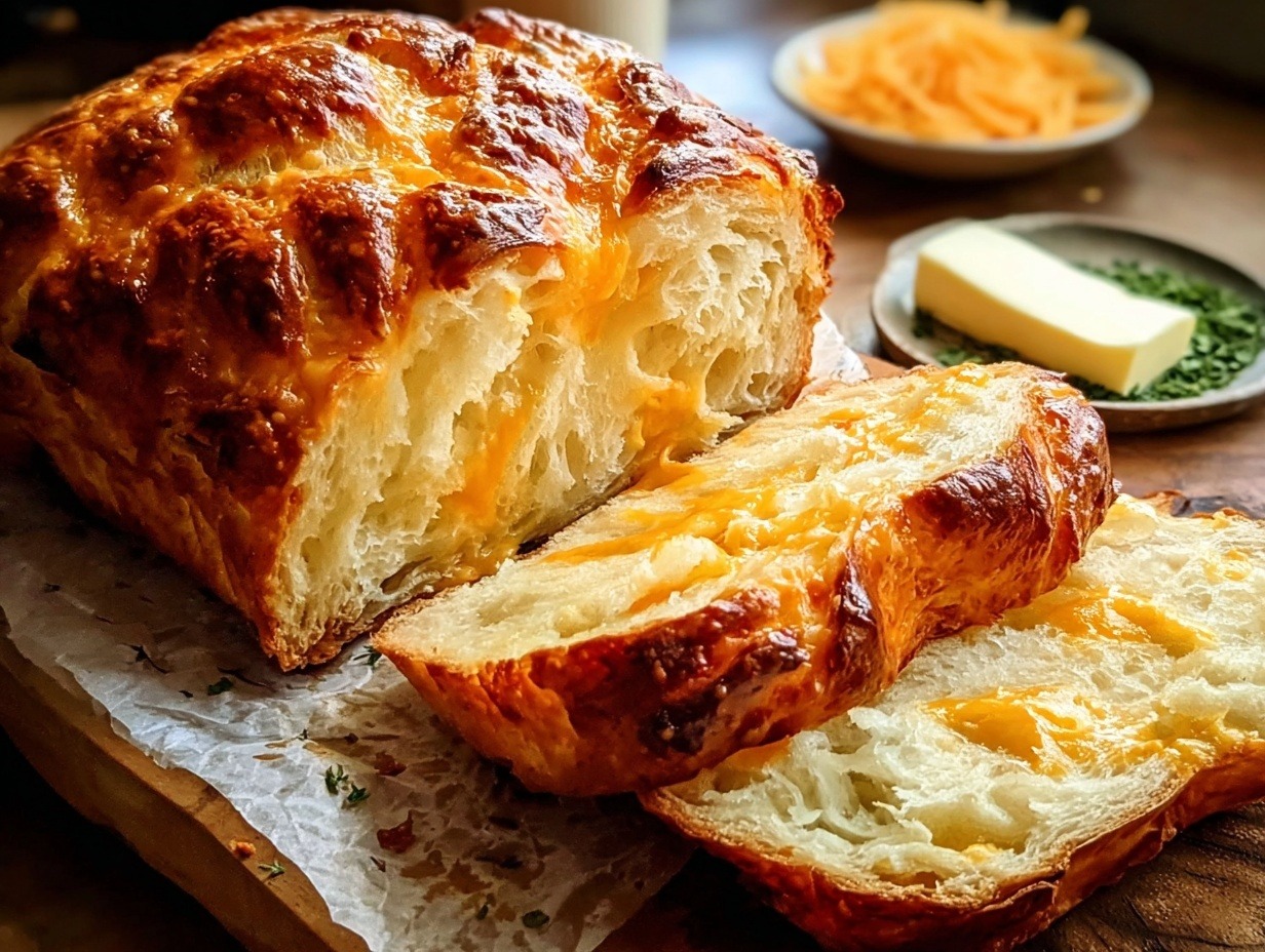 Golden homemade cheddar cheese bread sliced on wooden cutting board showing soft fluffy interior with melted cheese pockets - easy recipe