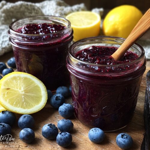 Homemade blueberry vanilla jam in mason jars with fresh blueberries and vanilla bean on rustic wooden counter