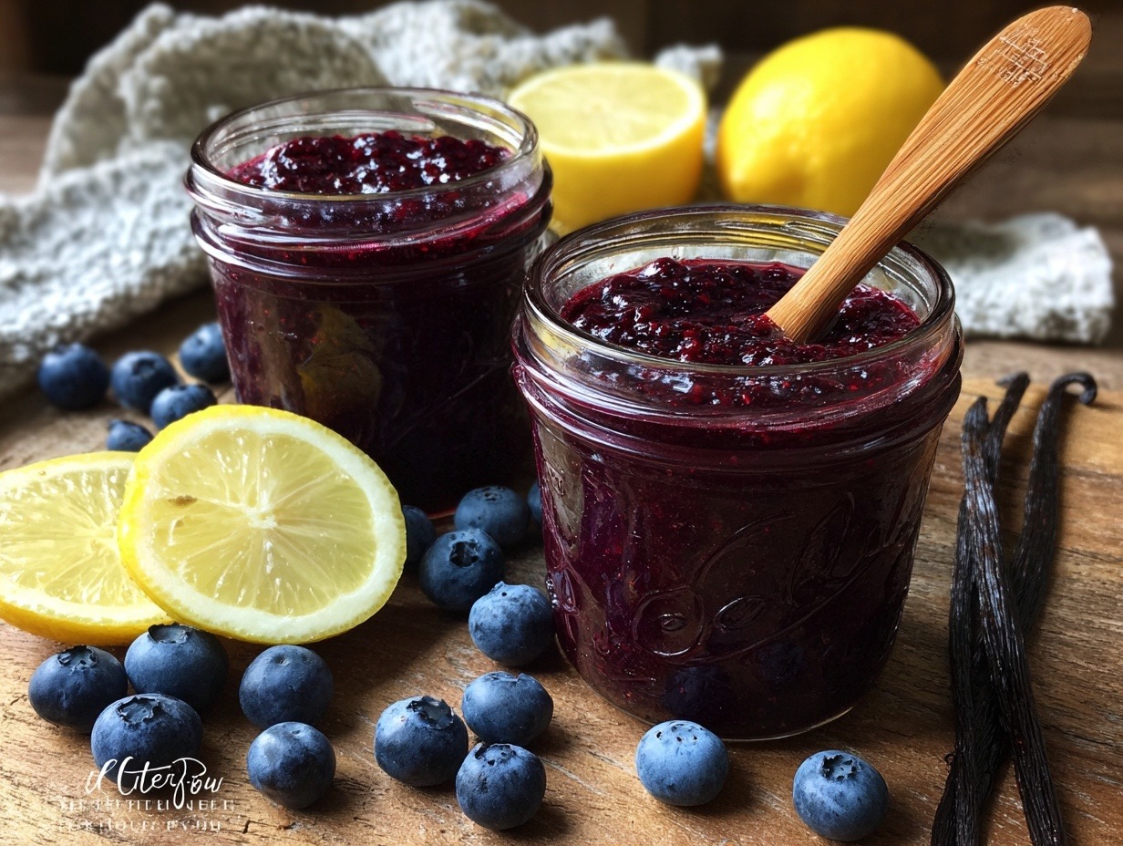 Homemade blueberry vanilla jam in mason jars with fresh blueberries and vanilla bean on rustic wooden counter