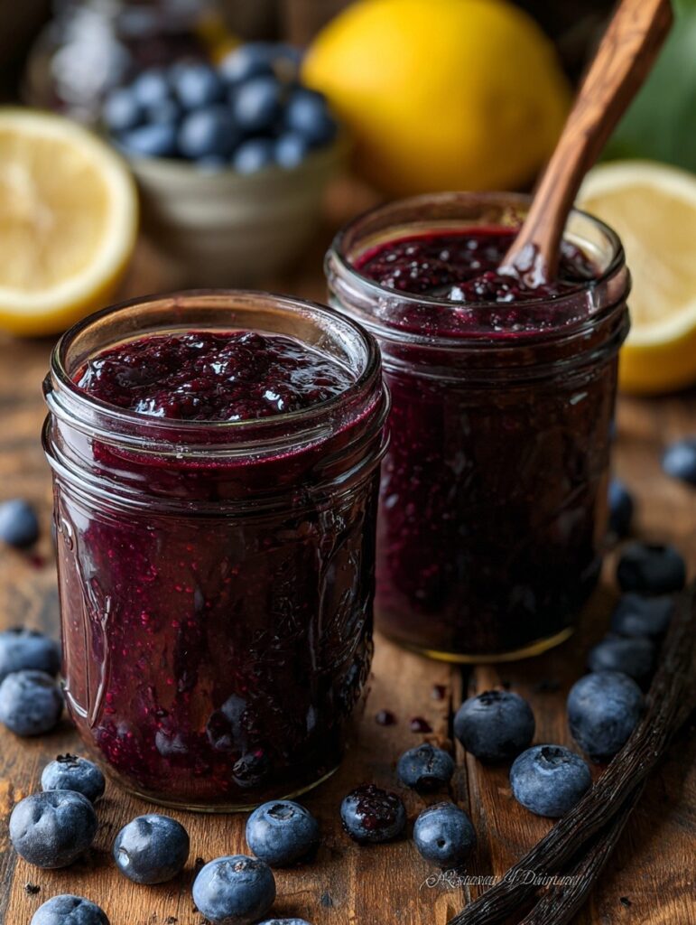 Homemade blueberry vanilla jam in mason jars with fresh blueberries and vanilla bean on rustic wooden counter