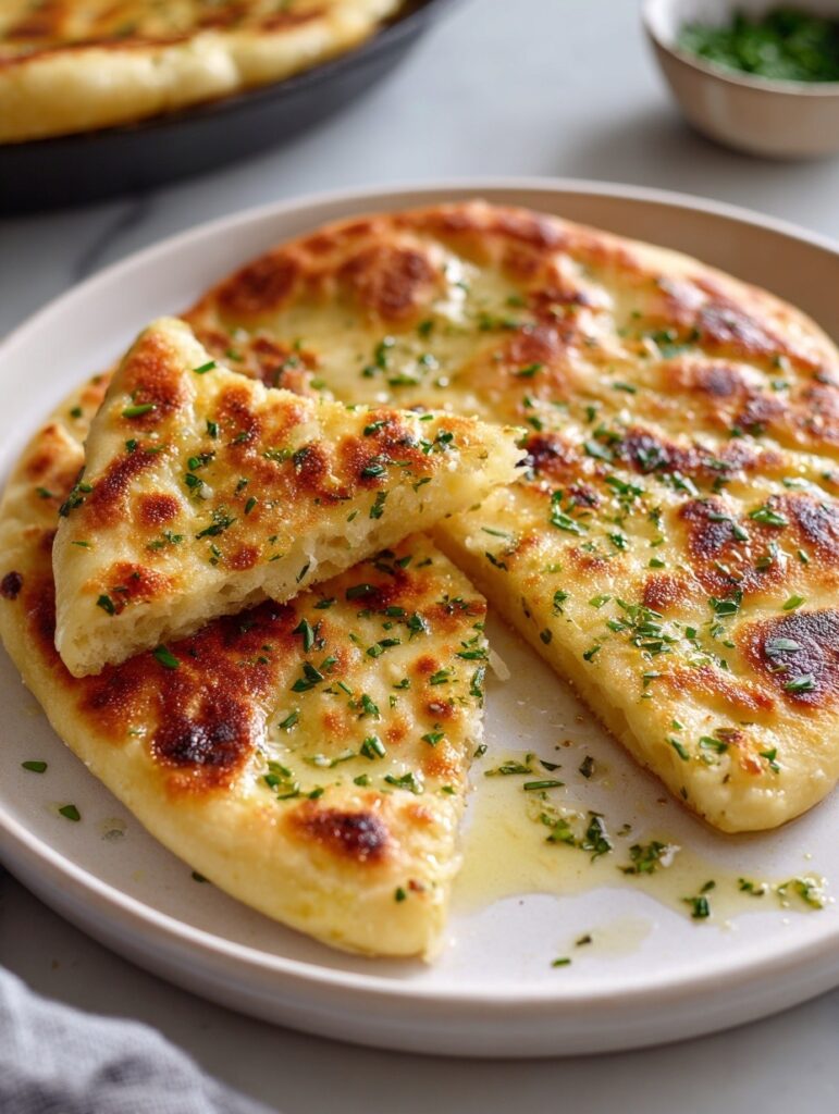Golden-brown homemade garlic butter flatbreads on white plate with fresh parsley garnish and garlic butter bowl