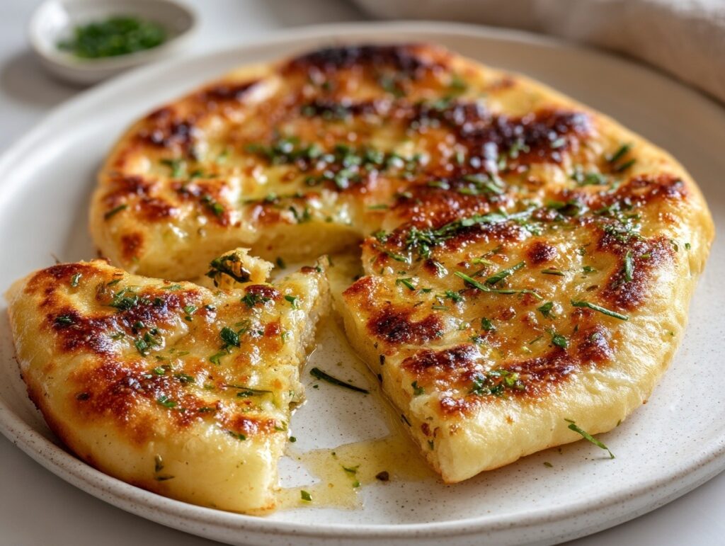Golden-brown homemade garlic butter flatbreads on white plate with fresh parsley garnish and garlic butter bowl