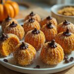 Orange pumpkin cheesecake truffles with sugar coating and chocolate chip stems on white plate showing ridged pumpkin shape
