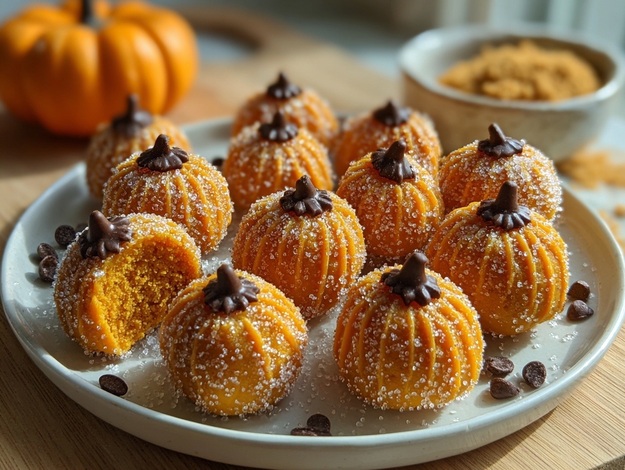 Orange pumpkin cheesecake truffles with sugar coating and chocolate chip stems on white plate showing ridged pumpkin shape