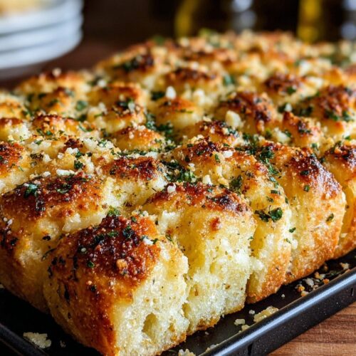 Garlic Parmesan focaccia bread fresh from oven with melted Parmesan, minced garlic and herbs on golden crust