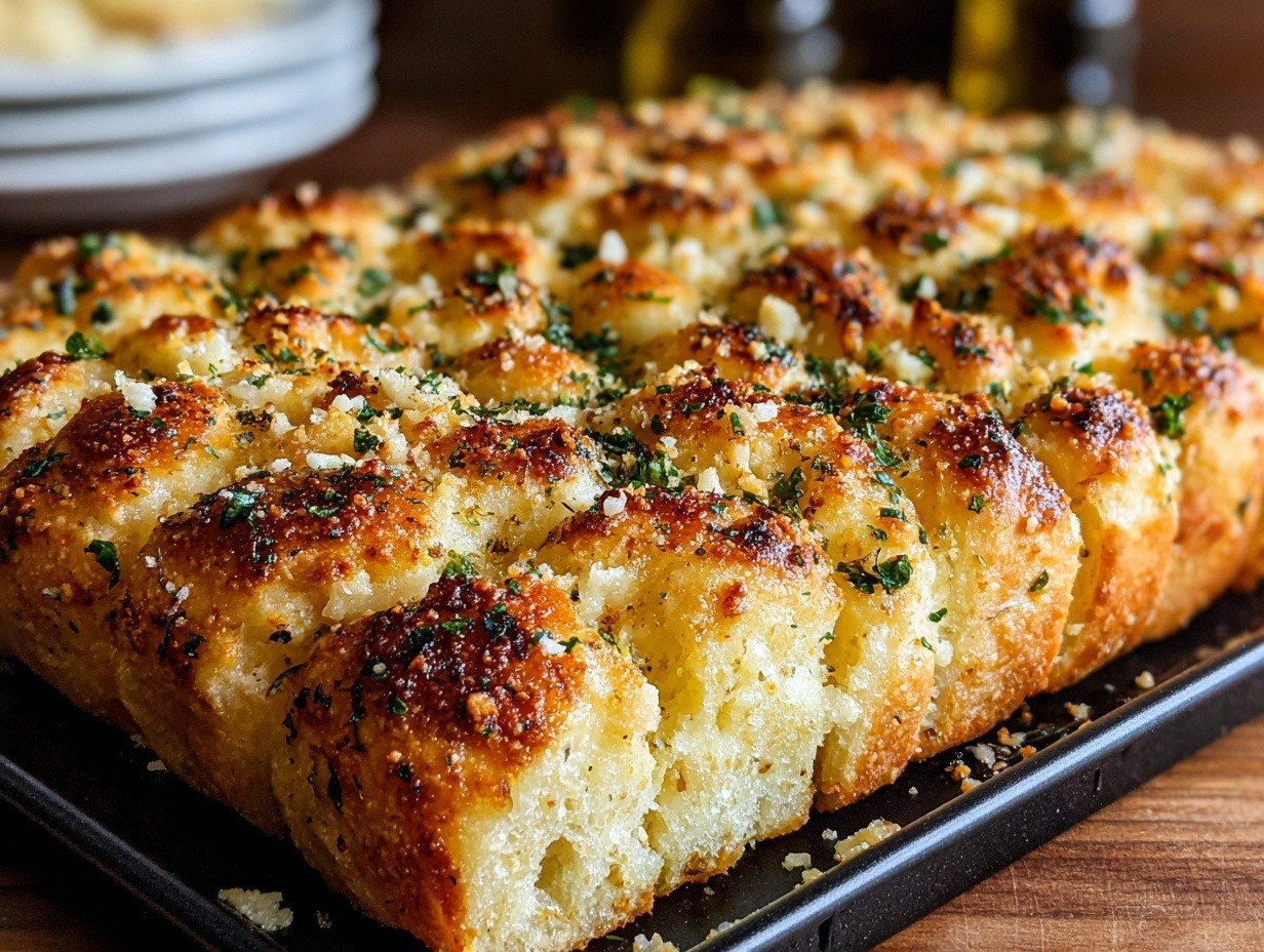Garlic Parmesan focaccia bread fresh from oven with melted Parmesan, minced garlic and herbs on golden crust