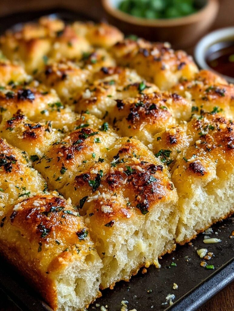 Garlic Parmesan focaccia bread fresh from oven with melted Parmesan, minced garlic and herbs on golden crust