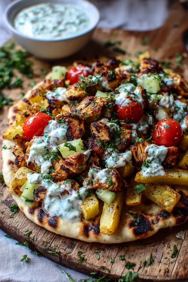 Loaded Greek chicken flatbread with marinated chicken, crispy fries, fresh vegetables, and tzatziki sauce on naan bread