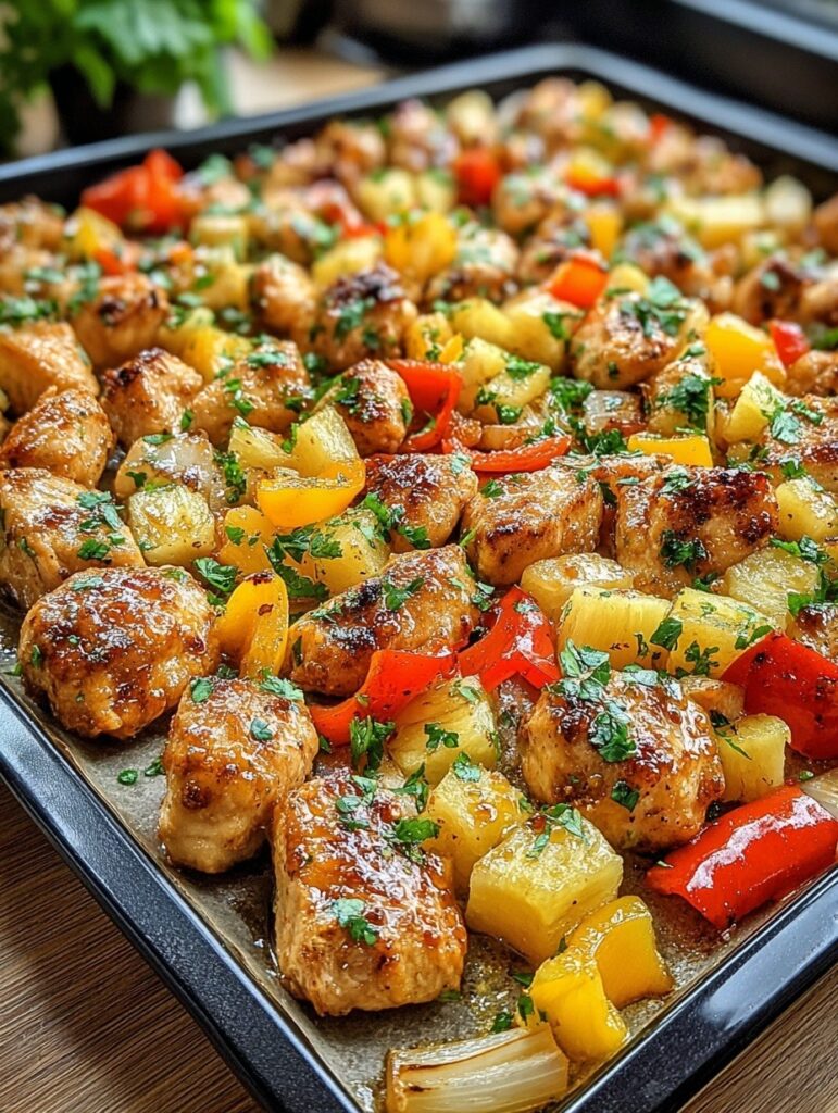 Golden Hawaiian chicken sheet pan with caramelized pineapple, colorful bell peppers, and tender chicken pieces fresh from the oven