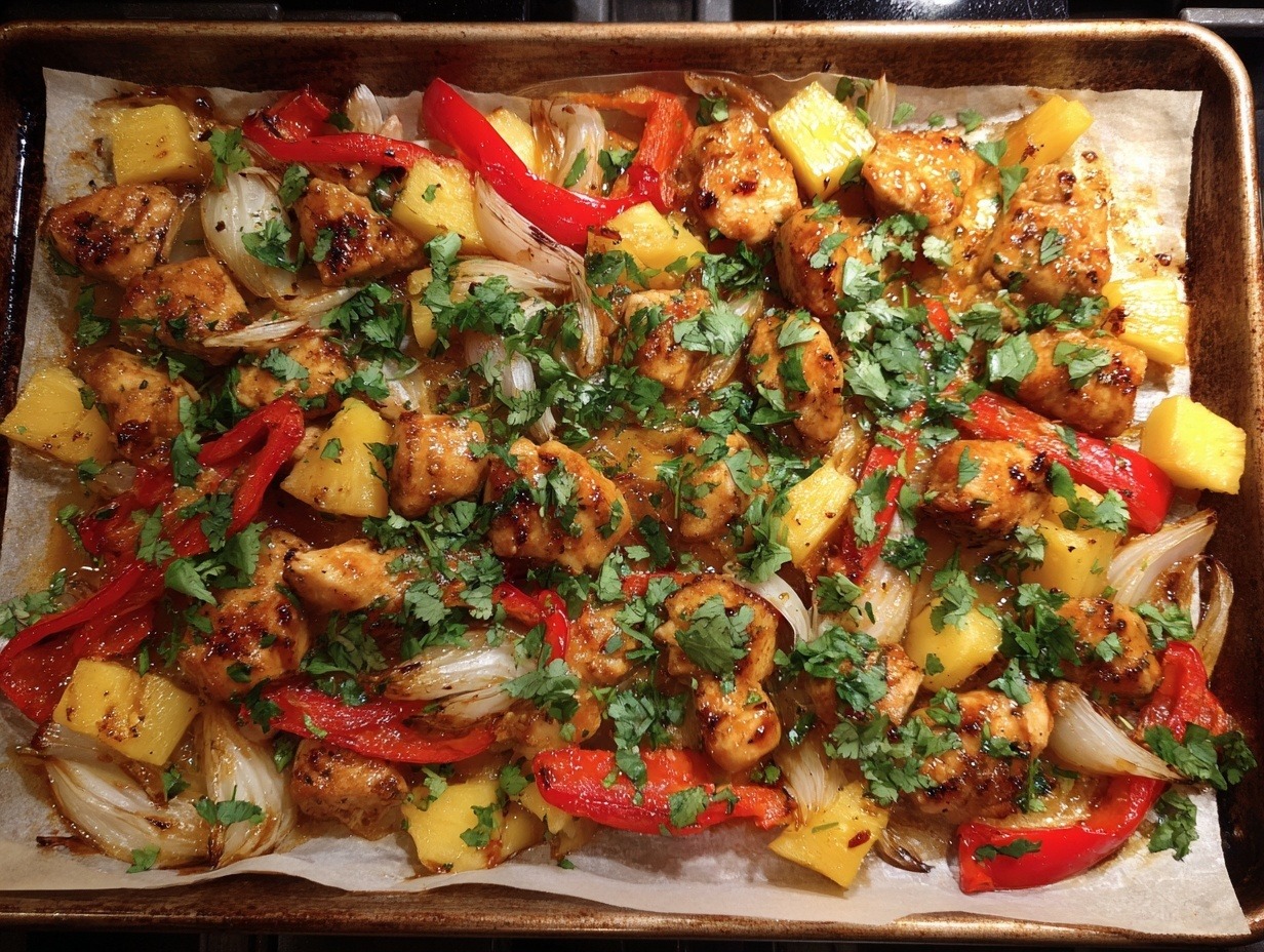 Golden Hawaiian chicken sheet pan with caramelized pineapple, colorful bell peppers, and tender chicken pieces fresh from the oven