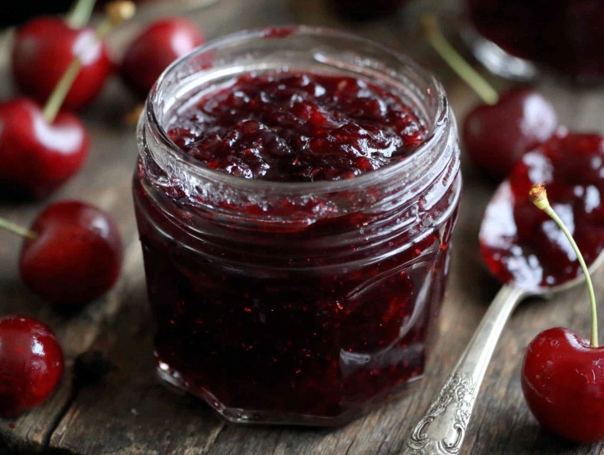 Elegant jar of homemade cherry amaretto jam with deep red color, fresh cherries, and vintage spoon on rustic wooden surface