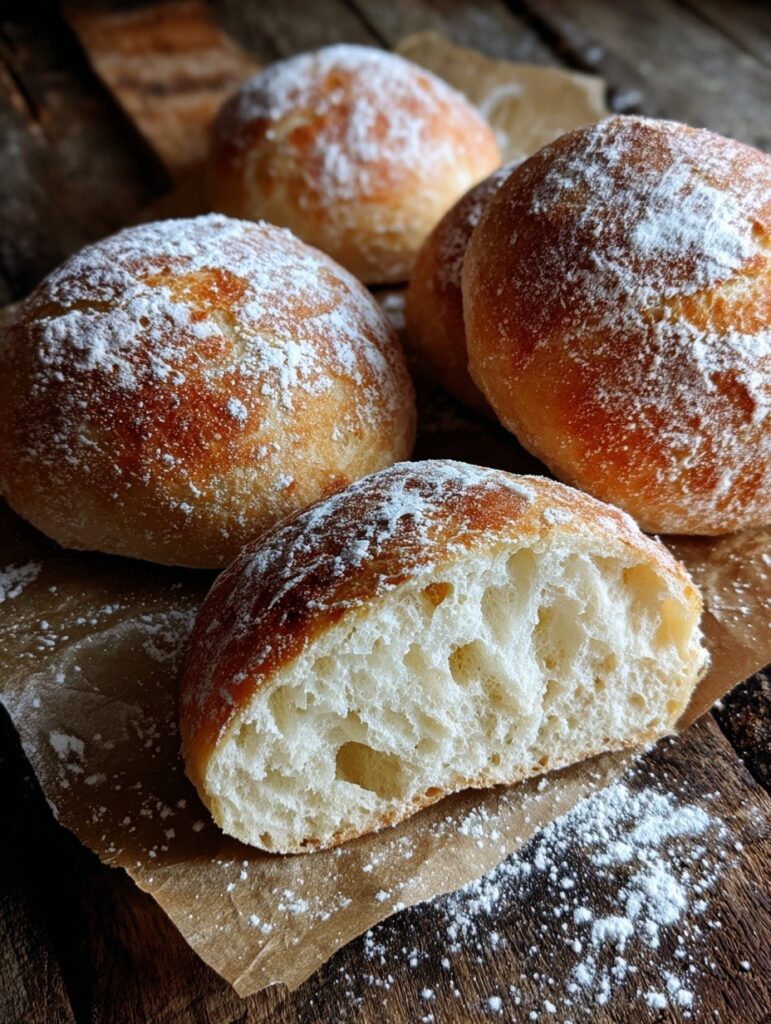 Golden-brown homemade ciabatta rolls in rustic wicker basket with linen towels, showing flour-dusted crusty surfaces and authentic artisan bread texture