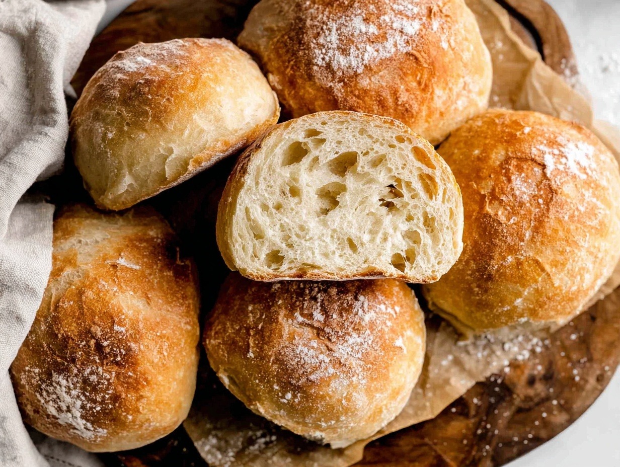 Golden-brown homemade ciabatta rolls in rustic wicker basket with linen towels, showing flour-dusted crusty surfaces and authentic artisan bread texture
