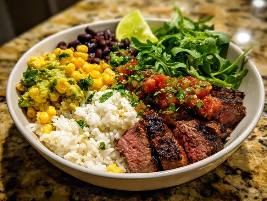 Overhead view of homemade Tex-Mex steak bowls with sliced steak, cilantro lime rice, and corn avocado salsa in white bowl