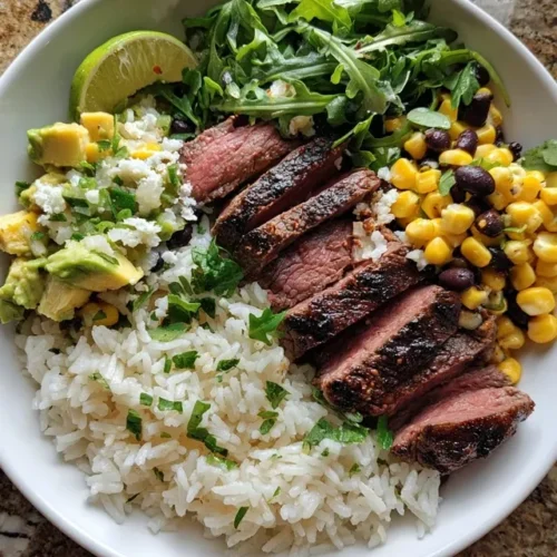 Overhead view of homemade Tex-Mex steak bowl with sliced steak, cilantro lime rice, and corn avocado salsa in white bowl