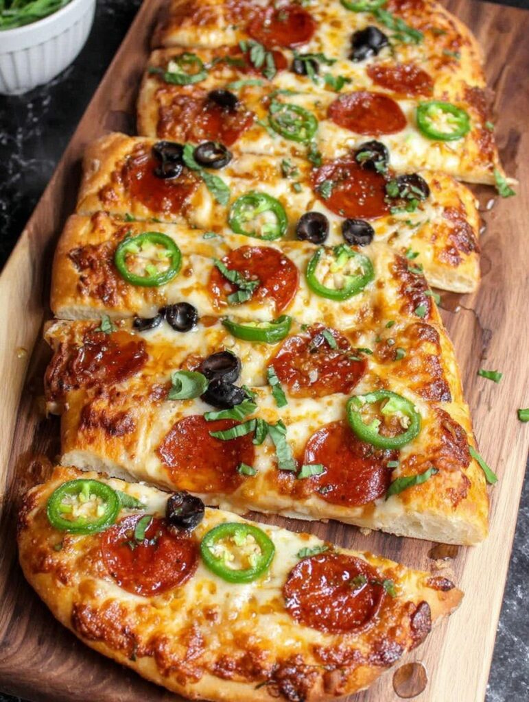 Golden hot honey flatbread pizza with melted mozzarella, pepperoni, jalapeños and honey drizzle on wooden board - easy sweet and spicy recipe