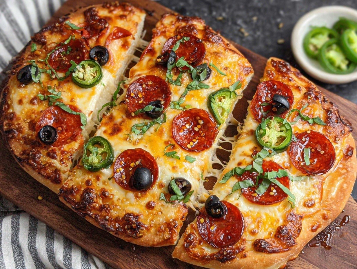 Golden hot honey flatbread pizza with melted mozzarella, pepperoni, jalapeños and honey drizzle on wooden board - easy sweet and spicy recipe