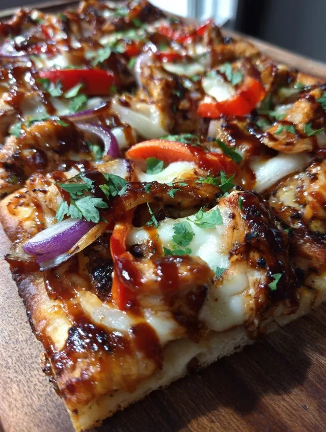 Mouth-watering BBQ chicken flatbread with melted cheese pull, caramelized chicken, peppers and fresh cilantro on golden crispy flatbread